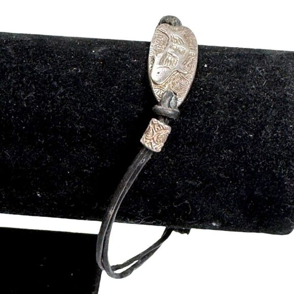 Handcrafted Cord Black Leather Bracelet Fish Design Sterling Silver Men Women - Picture 3 of 6